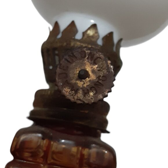 Vintage Miniature Oil Lamp Made in Hong Kong 6.5" Patterened Amber Glass - Picture 3 of 4